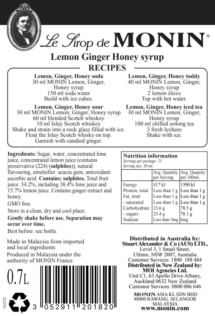 Monin Lemon, Ginger & Honey Syrup 700ml